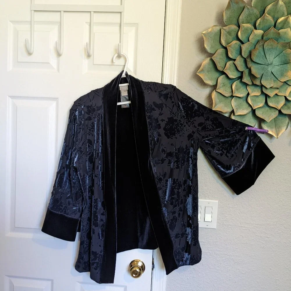 Midnight Blue VELVET BROCADE Jacket | L | REVERSIBLE | EUC | Chico's size 2 - Picture 1 of 6